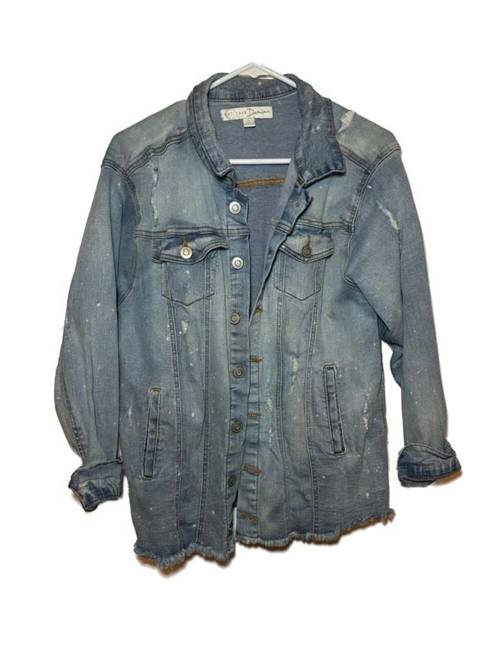 Ci Sono Est. 1946 Distressed Paint Splatter Long Denim Jacket